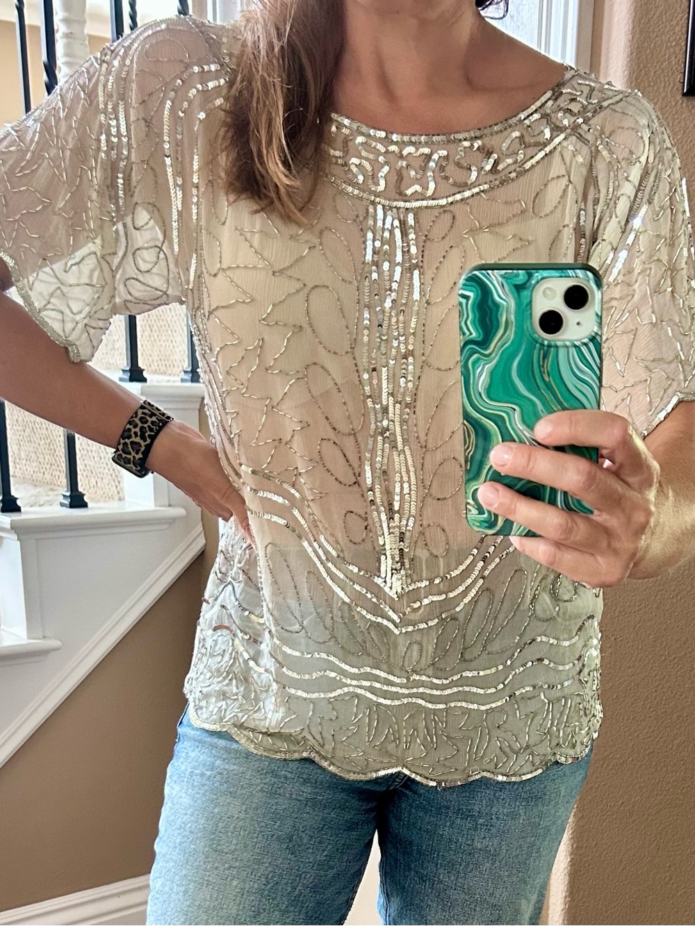 Vintage 70s 80s Swee Lo Beaded Sheer White Silk Silver Sequin Blouse Size M